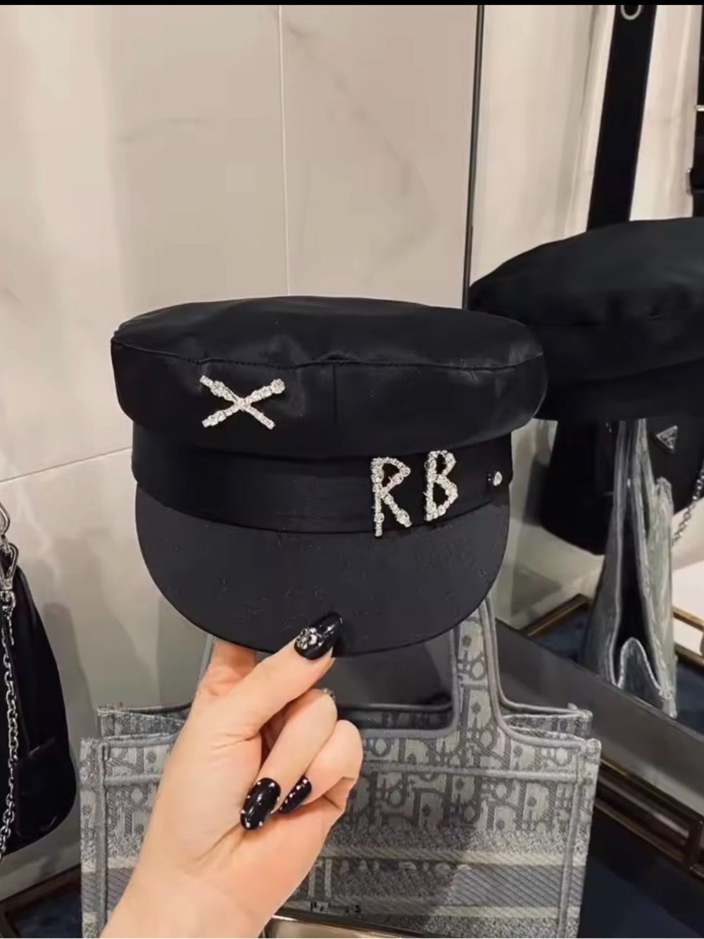 Black Embellished Fisherman Cap with Crystal RB Accent